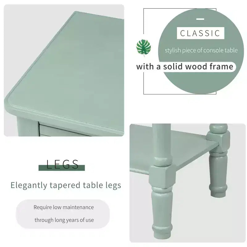Console étroite classique avec trois tiroirs de rangement et une étagère inférieure