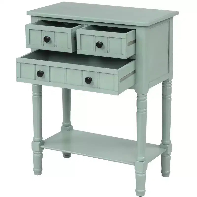Console étroite classique avec trois tiroirs de rangement et une étagère inférieure