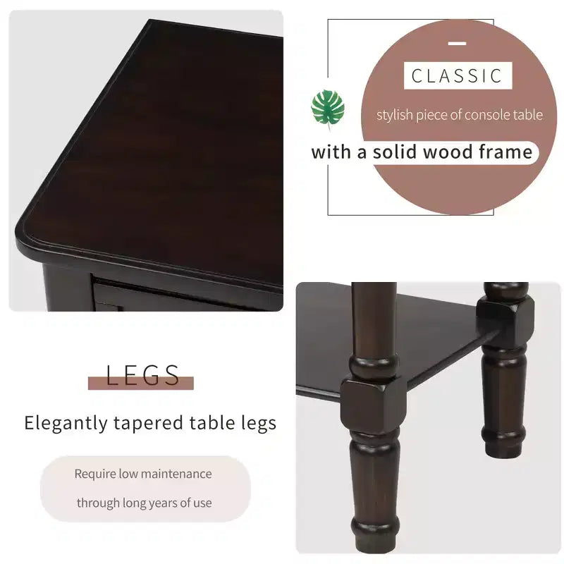 Console étroite classique avec trois tiroirs de rangement et une étagère inférieure
