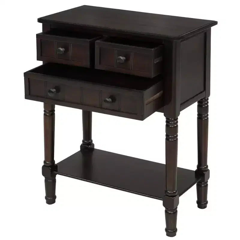 Console étroite classique avec trois tiroirs de rangement et une étagère inférieure