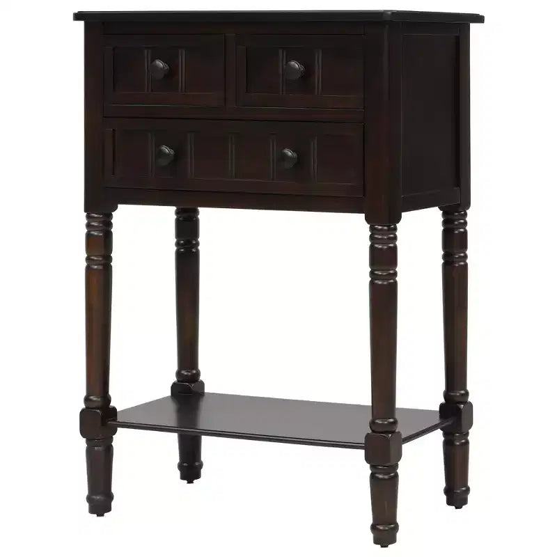 Console étroite classique avec trois tiroirs de rangement et une étagère inférieure