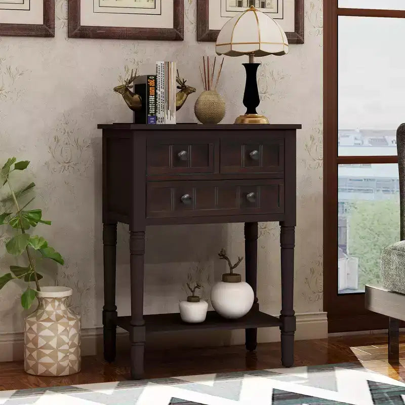 Whisen Classic Narrow Console Table with Three Storage Drawers and Bottom Shelf