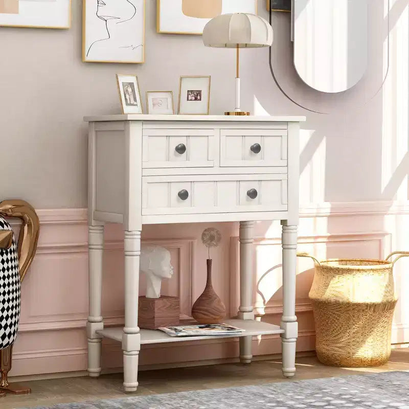 Console étroite classique avec trois tiroirs de rangement et une étagère inférieure