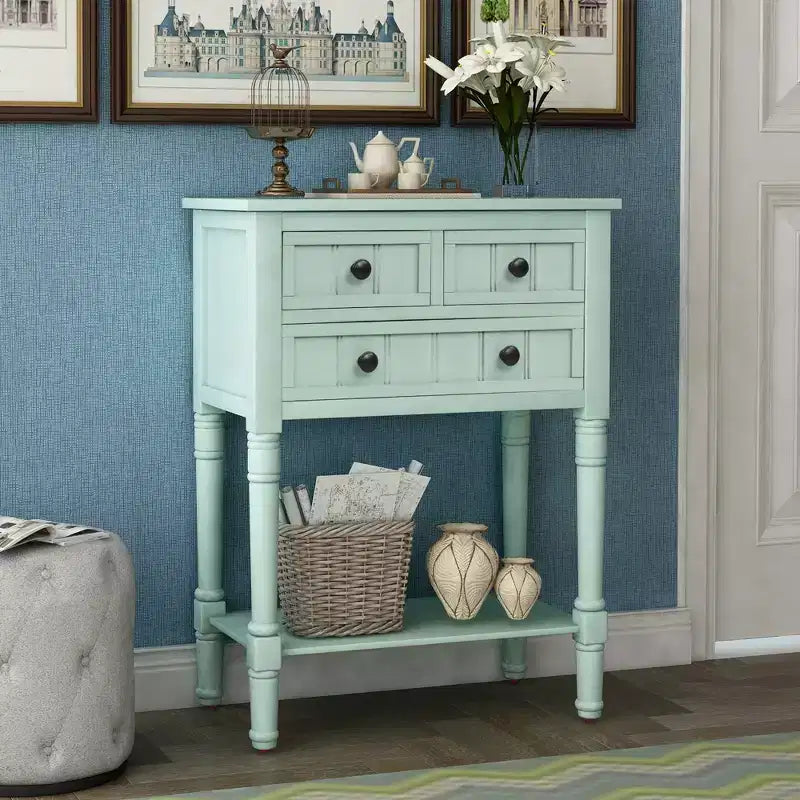 Console étroite classique avec trois tiroirs de rangement et une étagère inférieure
