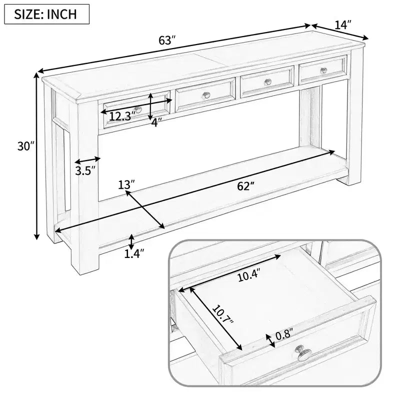 Console Rustique Rectangulaire en Bois avec 4 Tiroirs de Rangement et Étagère Inférieure