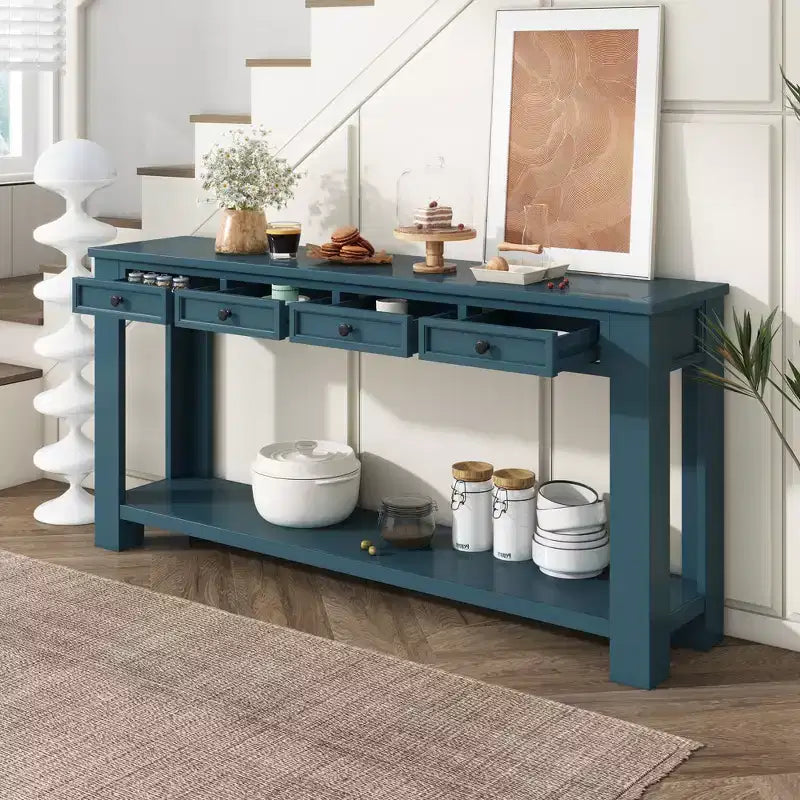 Console Rustique Rectangulaire en Bois avec 4 Tiroirs de Rangement et Étagère Inférieure