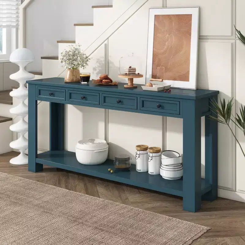 Console Rustique Rectangulaire en Bois avec 4 Tiroirs de Rangement et Étagère Inférieure