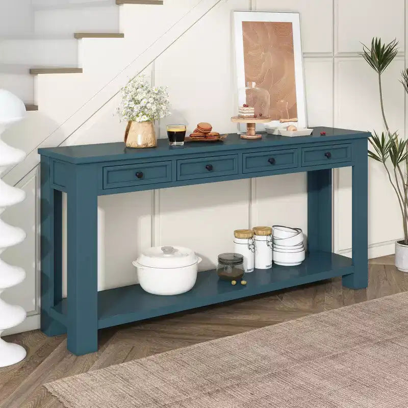 Console Rustique Rectangulaire en Bois avec 4 Tiroirs de Rangement et Étagère Inférieure