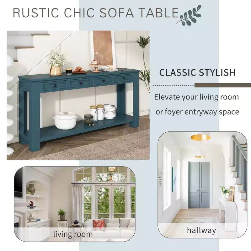 Console Rustique Rectangulaire en Bois avec 4 Tiroirs de Rangement et Étagère Inférieure