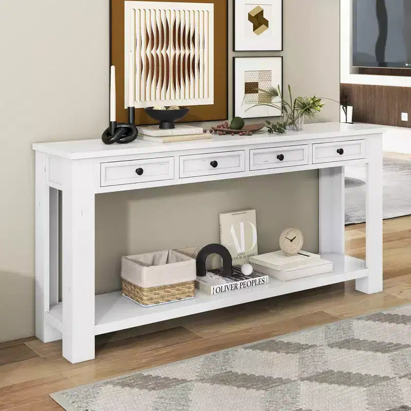 Console Rustique Rectangulaire en Bois avec 4 Tiroirs de Rangement et Étagère Inférieure