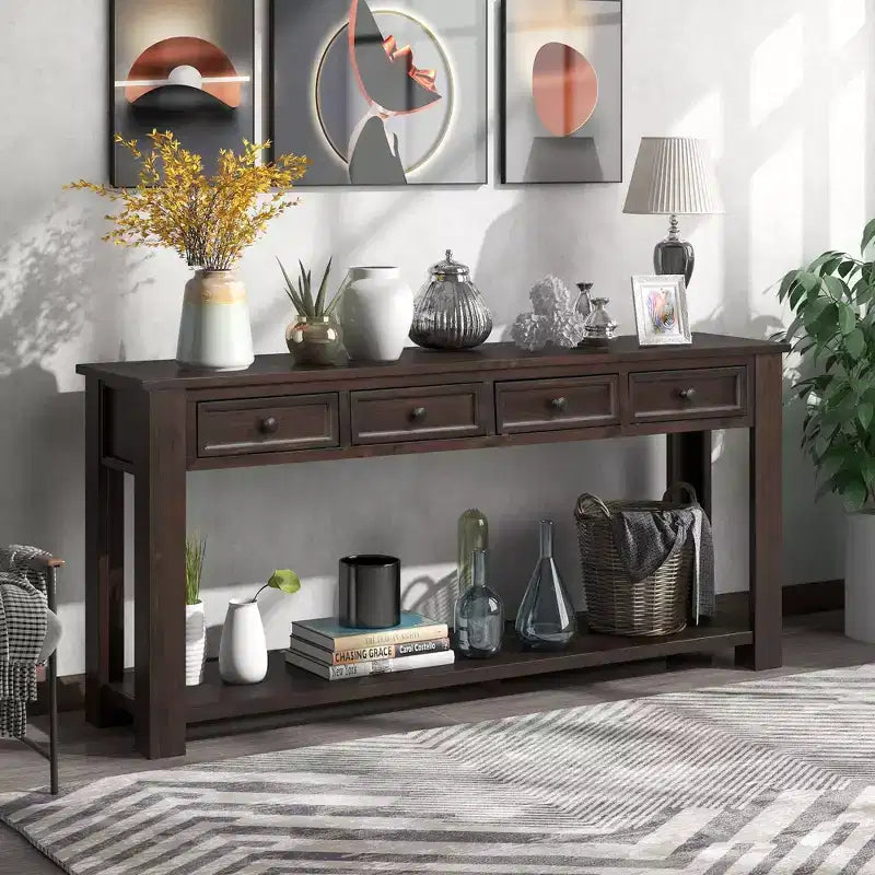 Console Rustique Rectangulaire en Bois avec 4 Tiroirs de Rangement et Étagère Inférieure