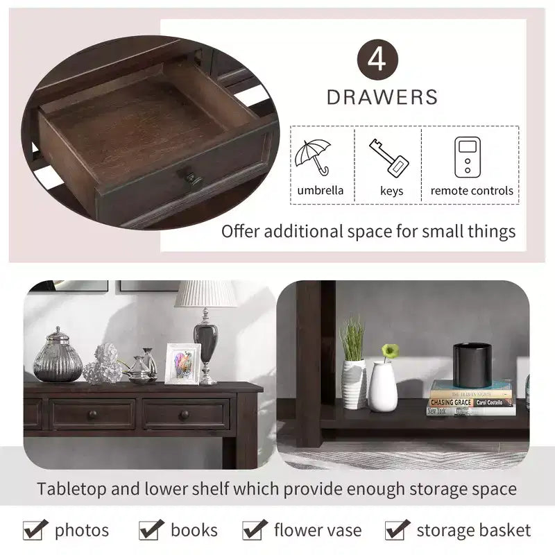 Console Rustique Rectangulaire en Bois avec 4 Tiroirs de Rangement et Étagère Inférieure