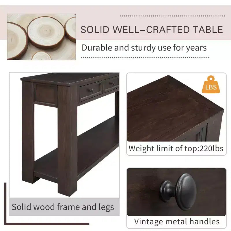 Console Rustique Rectangulaire en Bois avec 4 Tiroirs de Rangement et Étagère Inférieure