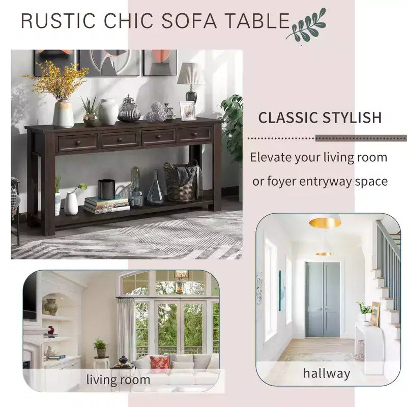 Console Rustique Rectangulaire en Bois avec 4 Tiroirs de Rangement et Étagère Inférieure