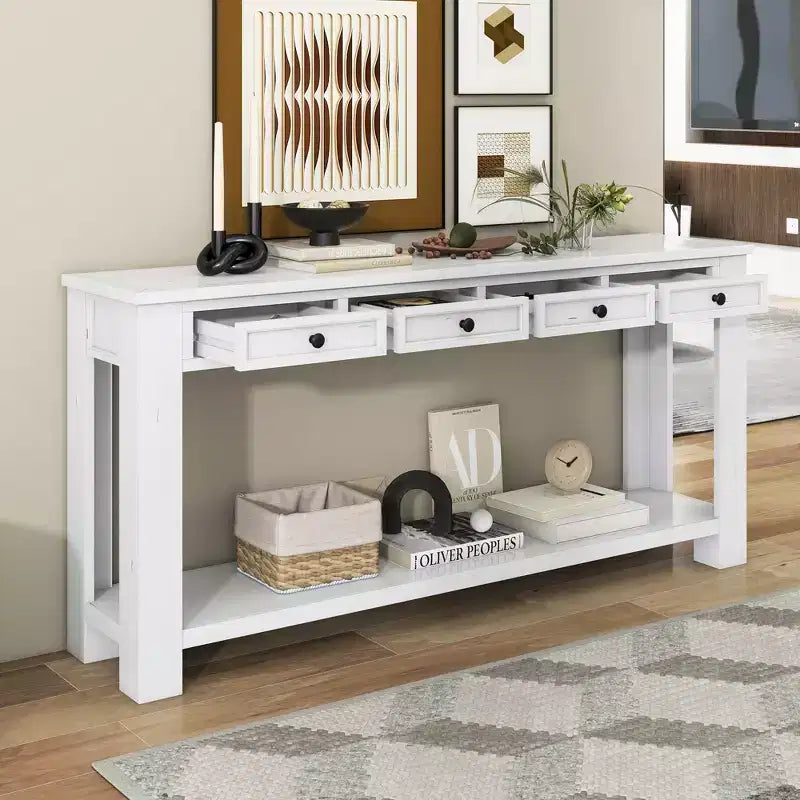 Console Rustique Rectangulaire en Bois avec 4 Tiroirs de Rangement et Étagère Inférieure