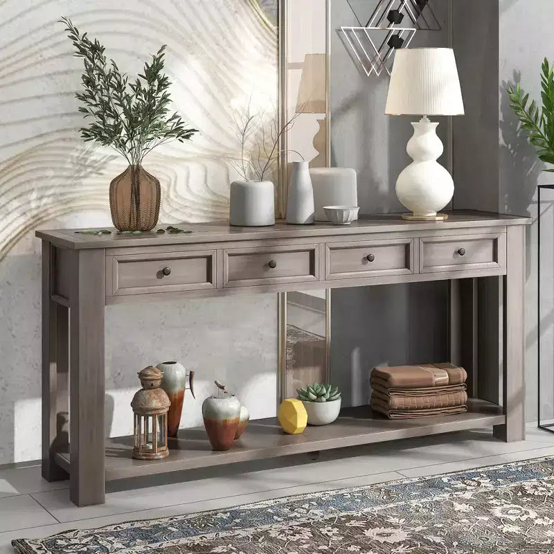 Console Rustique Rectangulaire en Bois avec 4 Tiroirs de Rangement et Étagère Inférieure