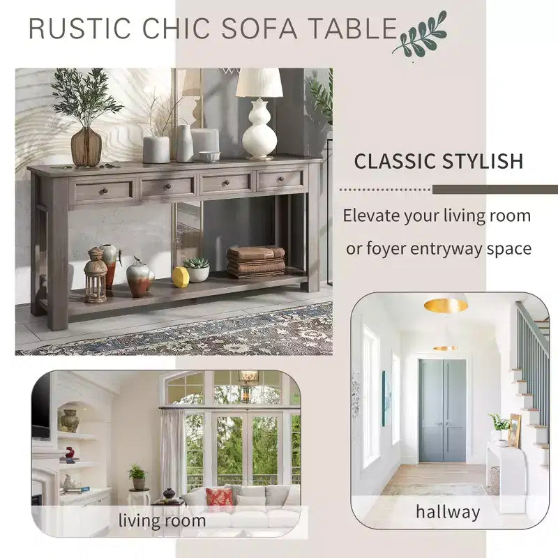 Console Rustique Rectangulaire en Bois avec 4 Tiroirs de Rangement et Étagère Inférieure
