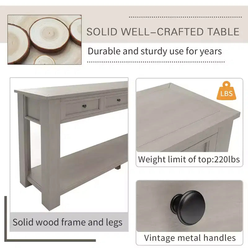 Console Rustique Rectangulaire en Bois avec 4 Tiroirs de Rangement et Étagère Inférieure
