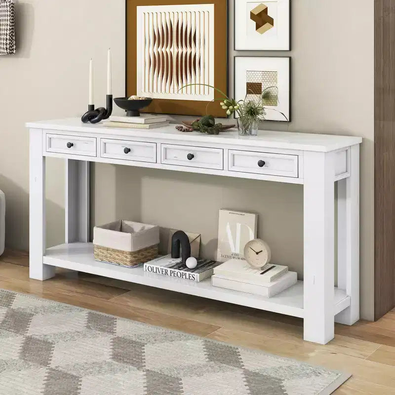 Console Rustique Rectangulaire en Bois avec 4 Tiroirs de Rangement et Étagère Inférieure