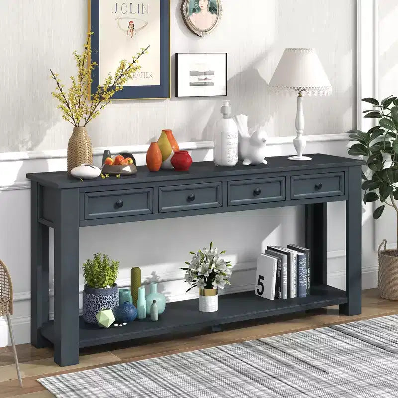 Console Rustique Rectangulaire en Bois avec 4 Tiroirs de Rangement et Étagère Inférieure