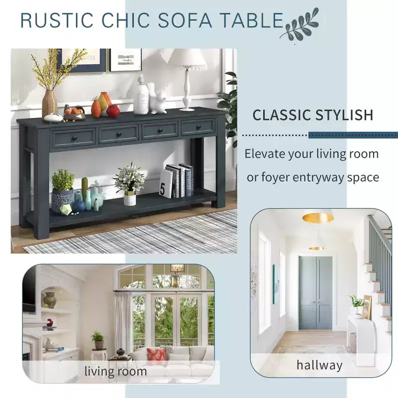 Console Rustique Rectangulaire en Bois avec 4 Tiroirs de Rangement et Étagère Inférieure