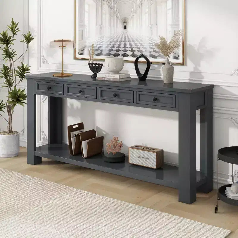Console Rustique Rectangulaire en Bois avec 4 Tiroirs de Rangement et Étagère Inférieure