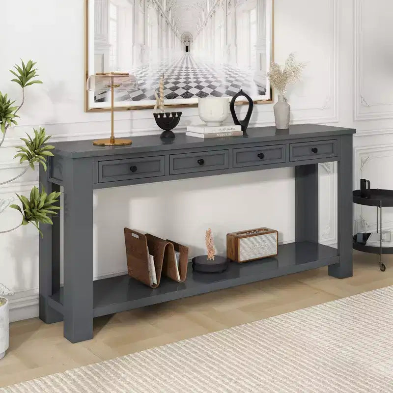 Console Rustique Rectangulaire en Bois avec 4 Tiroirs de Rangement et Étagère Inférieure