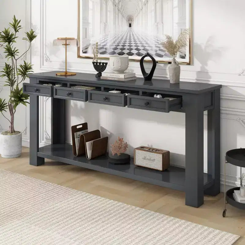 Console Rustique Rectangulaire en Bois avec 4 Tiroirs de Rangement et Étagère Inférieure