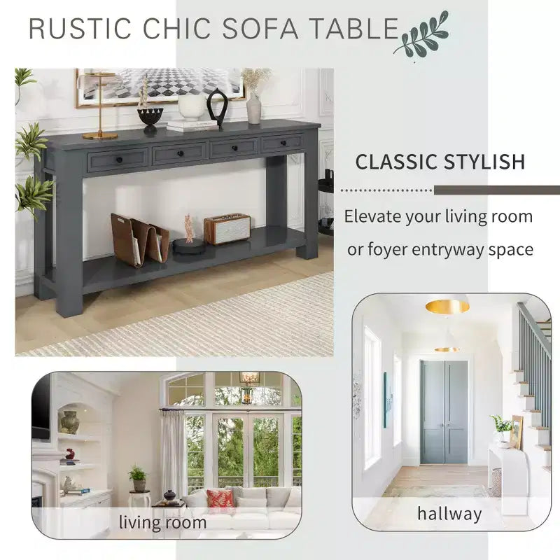 Console Rustique Rectangulaire en Bois avec 4 Tiroirs de Rangement et Étagère Inférieure