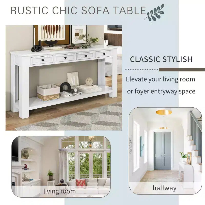 Console Rustique Rectangulaire en Bois avec 4 Tiroirs de Rangement et Étagère Inférieure