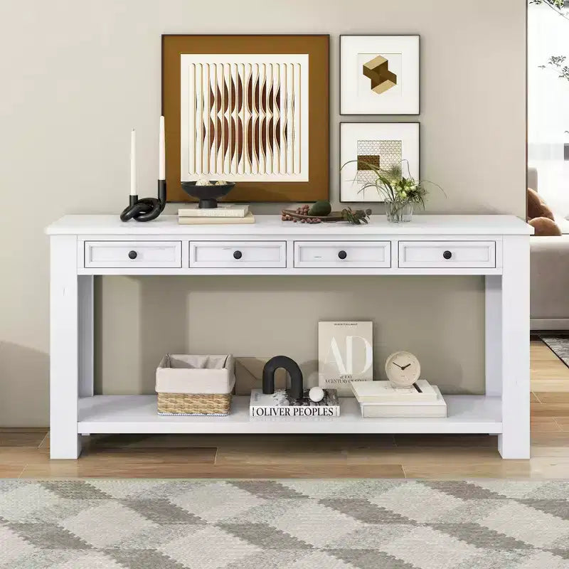 Whisen Rustic Rectangle Wood Console Table with 4-Storage Drawers and Bottom Shelf