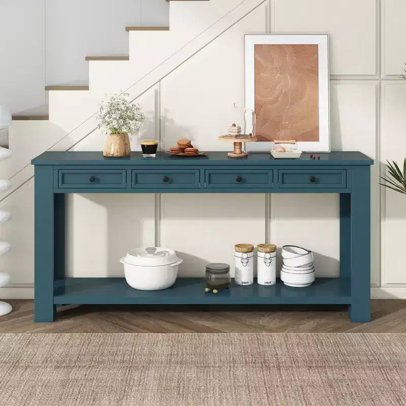 Console Rustique Rectangulaire en Bois avec 4 Tiroirs de Rangement et Étagère Inférieure