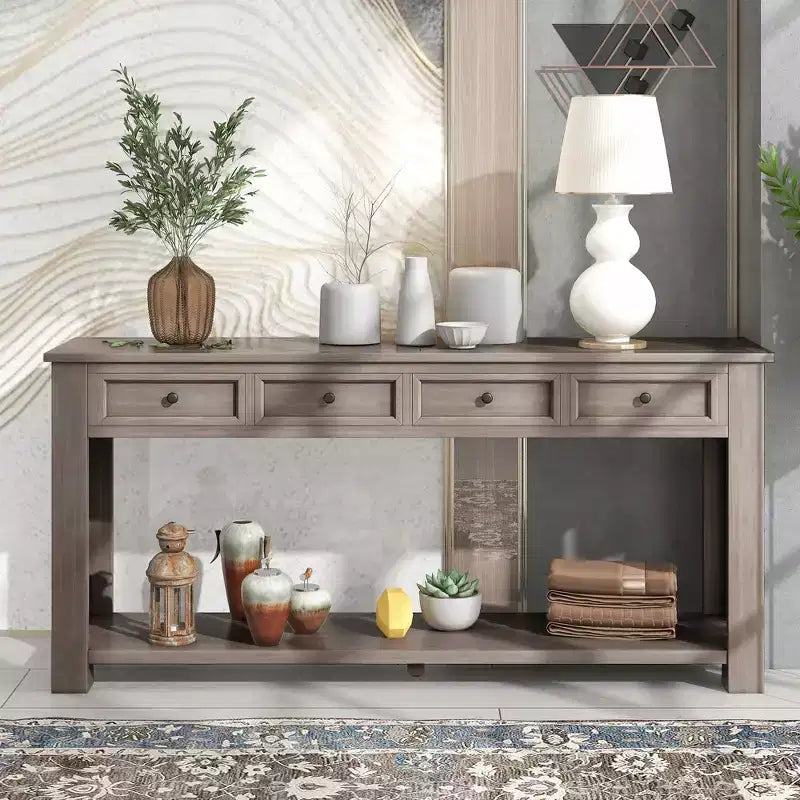 Console Rustique Rectangulaire en Bois avec 4 Tiroirs de Rangement et Étagère Inférieure