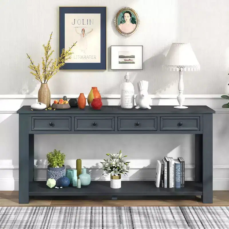 Console Rustique Rectangulaire en Bois avec 4 Tiroirs de Rangement et Étagère Inférieure