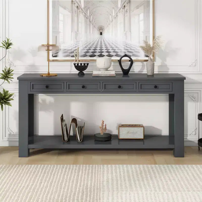 Console Rustique Rectangulaire en Bois avec 4 Tiroirs de Rangement et Étagère Inférieure