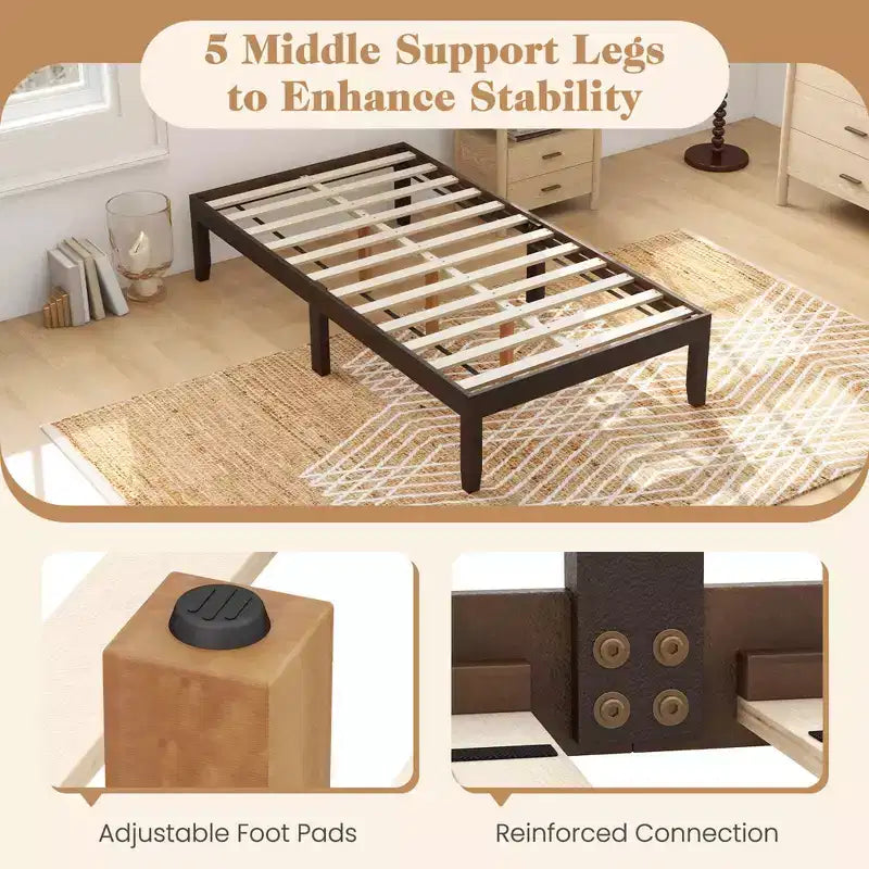 Cadre de lit plateforme en bois double/grand lit/très grand lit 14 avec pieds en bois d'hévéa et rangement sous le lit Marron