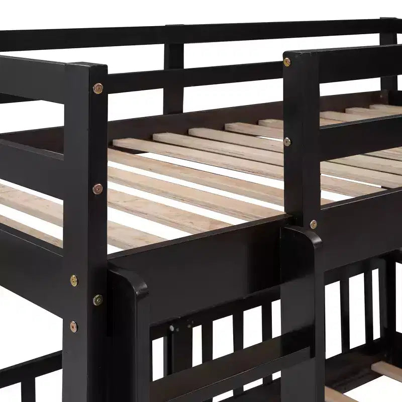 Lit superposé simple sur simple avec toboggan et échelle, garde-corps pleine longueur, cadre en bois massif
