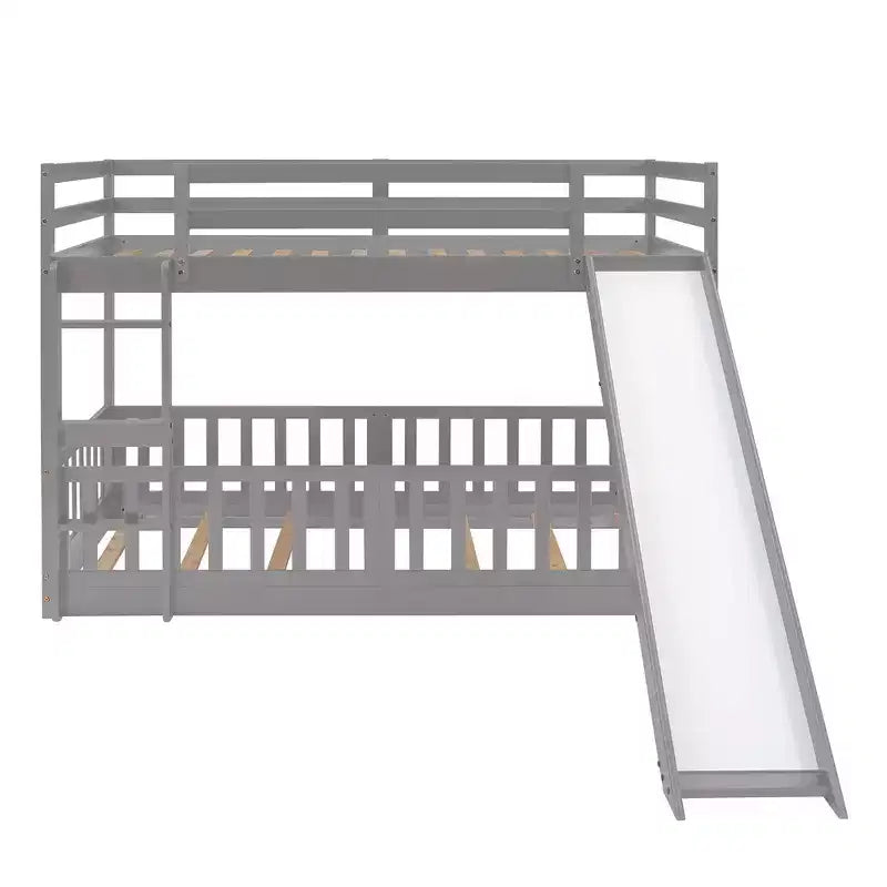 Lit superposé simple sur simple avec toboggan et échelle, garde-corps pleine longueur, cadre en bois massif