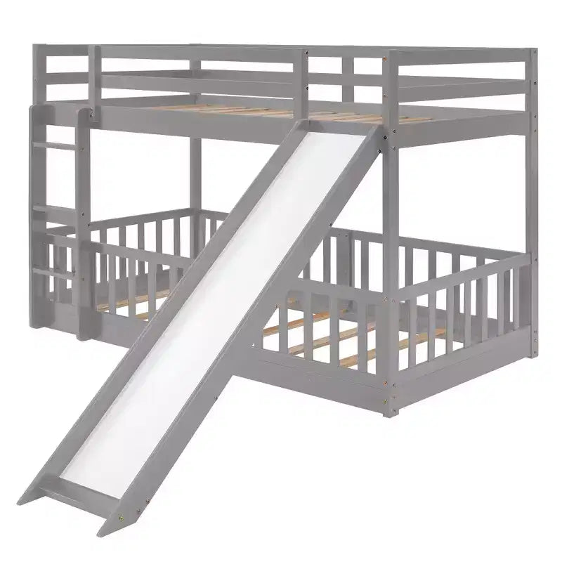 Lit superposé simple sur simple avec toboggan et échelle, garde-corps pleine longueur, cadre en bois massif