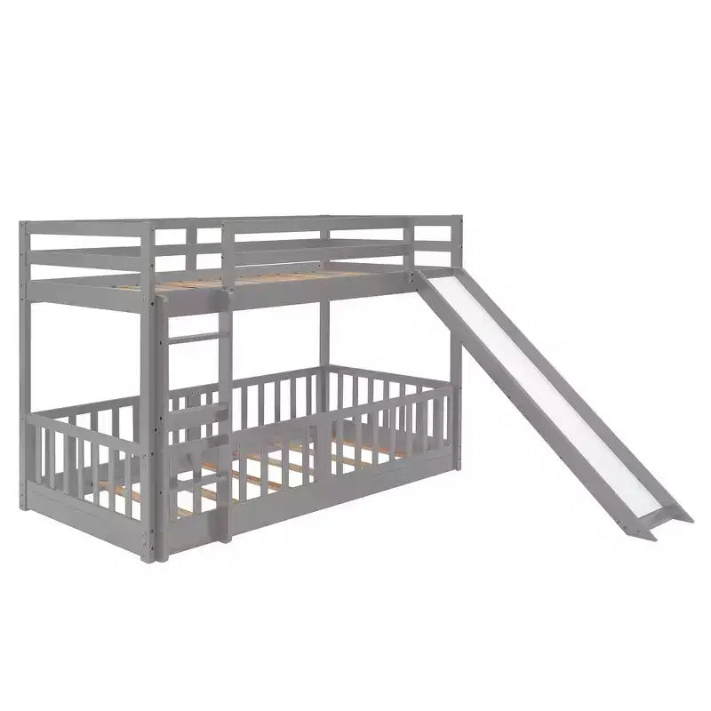 Lit superposé simple sur simple avec toboggan et échelle, garde-corps pleine longueur, cadre en bois massif