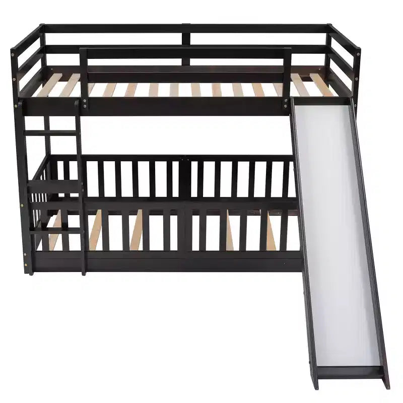 Lit superposé simple sur simple avec toboggan et échelle, garde-corps pleine longueur, cadre en bois massif