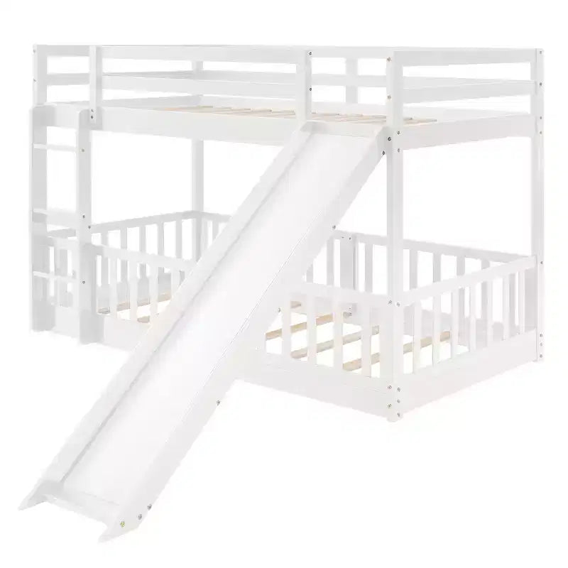 Lit superposé simple sur simple avec toboggan et échelle, garde-corps pleine longueur, cadre en bois massif