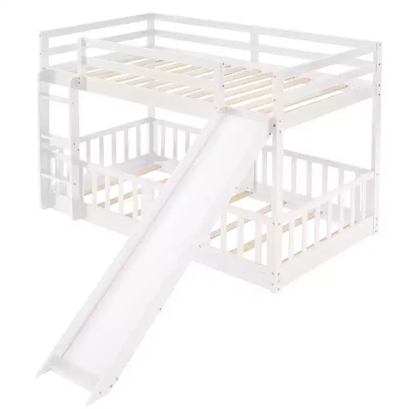 Lit superposé simple sur simple avec toboggan et échelle, garde-corps pleine longueur, cadre en bois massif