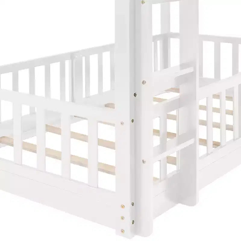 Lit superposé simple sur simple avec toboggan et échelle, garde-corps pleine longueur, cadre en bois massif