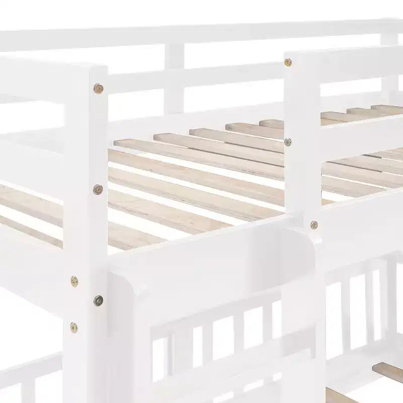 Lit superposé simple sur simple avec toboggan et échelle, garde-corps pleine longueur, cadre en bois massif