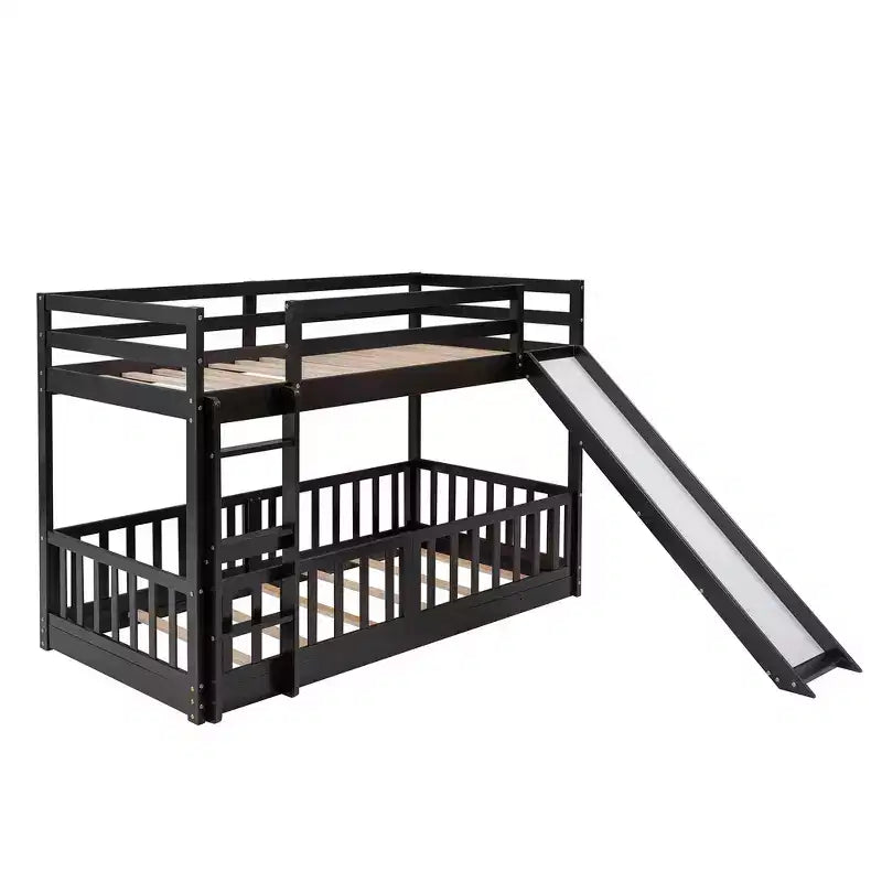 Lit superposé simple sur simple avec toboggan et échelle, garde-corps pleine longueur, cadre en bois massif