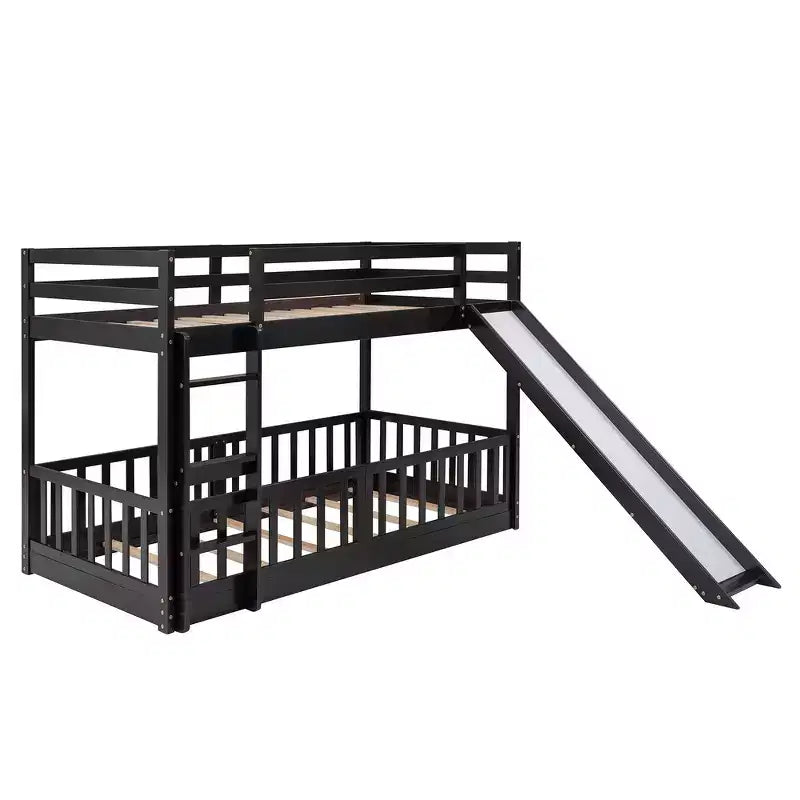 Lit superposé simple sur simple avec toboggan et échelle, garde-corps pleine longueur, cadre en bois massif