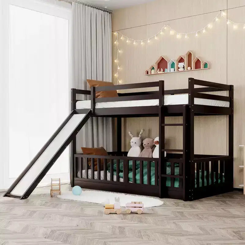 Whisen Twin Over Twin Bunk Bed & Bed Frame with Slide and Ladder, Full-length Guardrail, Solid Wood Frame