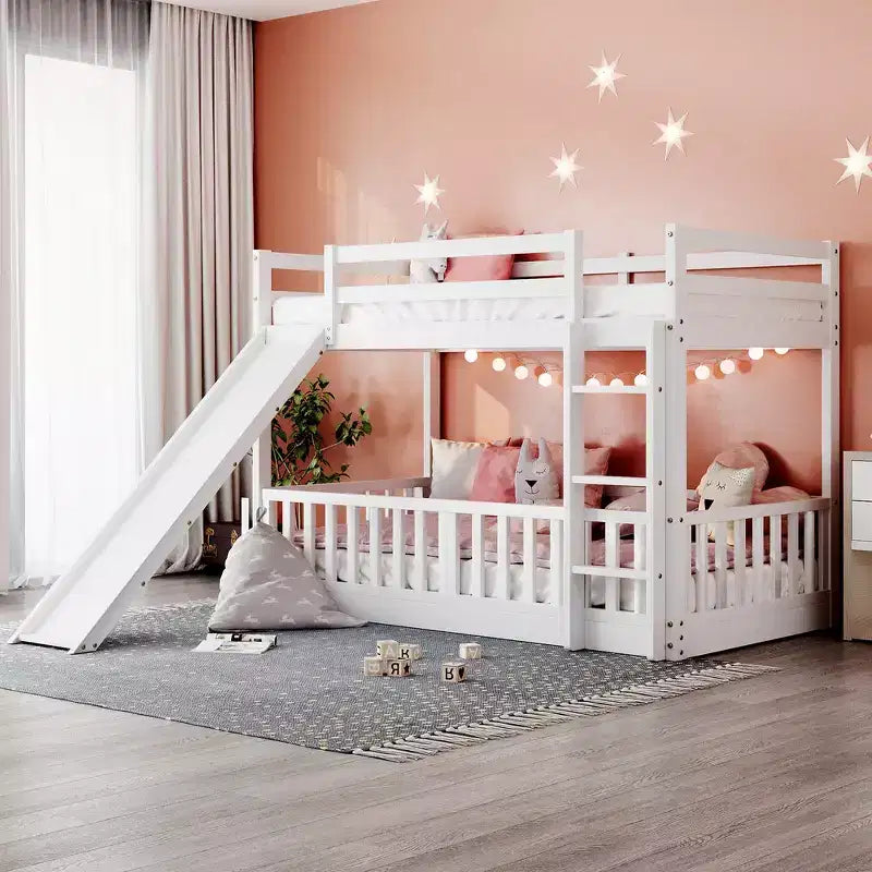 Lit superposé simple sur simple avec toboggan et échelle, garde-corps pleine longueur, cadre en bois massif