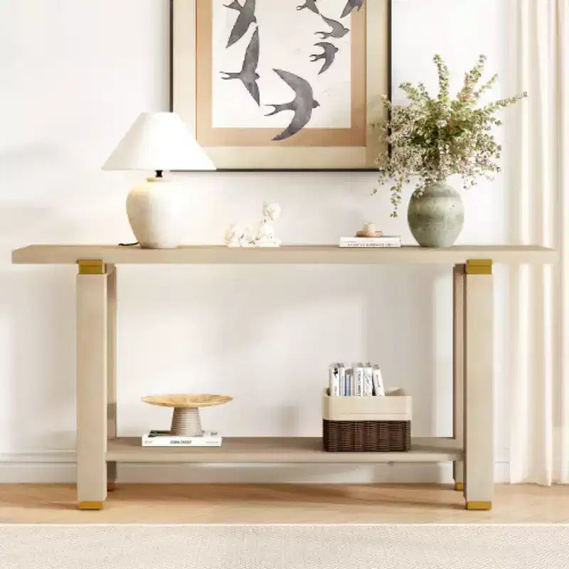 Console moderne minimaliste, Table d'entrée en bois avec étagère et accents métalliques pour couloir, salon ou derrière un canapé